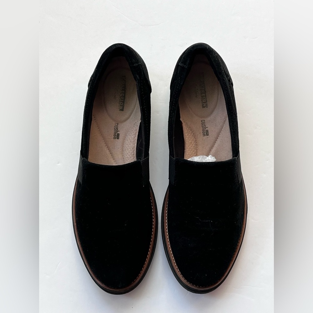 Clarks Black Suede Slip-On Loafers with Brown Welt